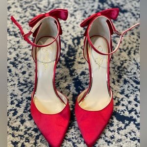 Red bow satin heels